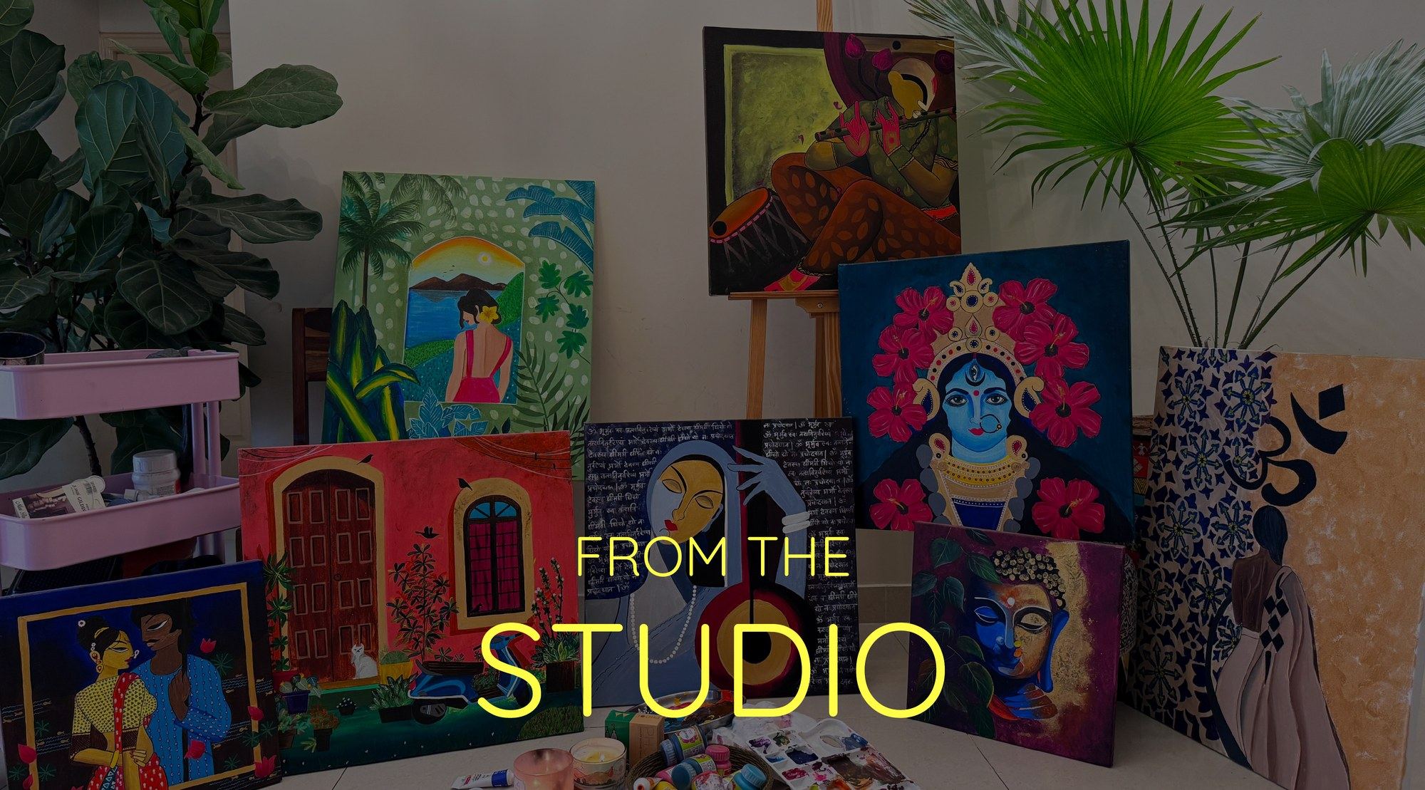 Paintings gathered in the Pink Chutney studio
