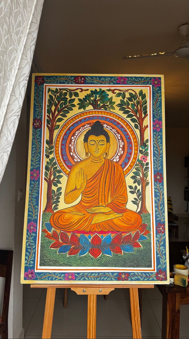 A Buddha painting on an easel