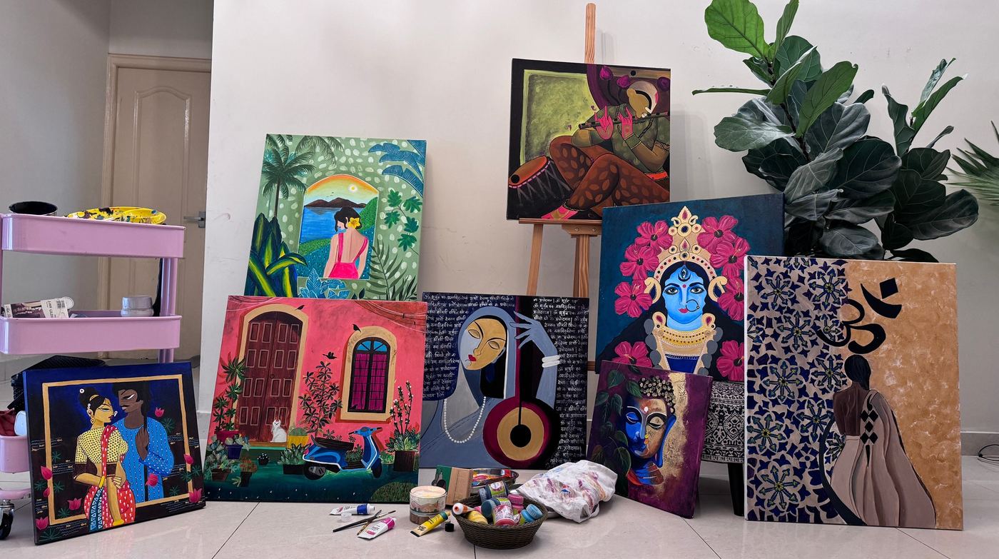 Paintings gathered along the studio wall
