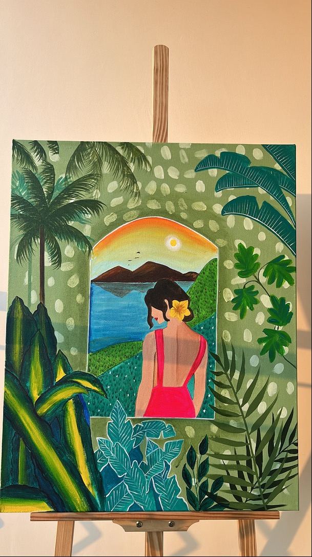 A tropical figurative painting on an easel