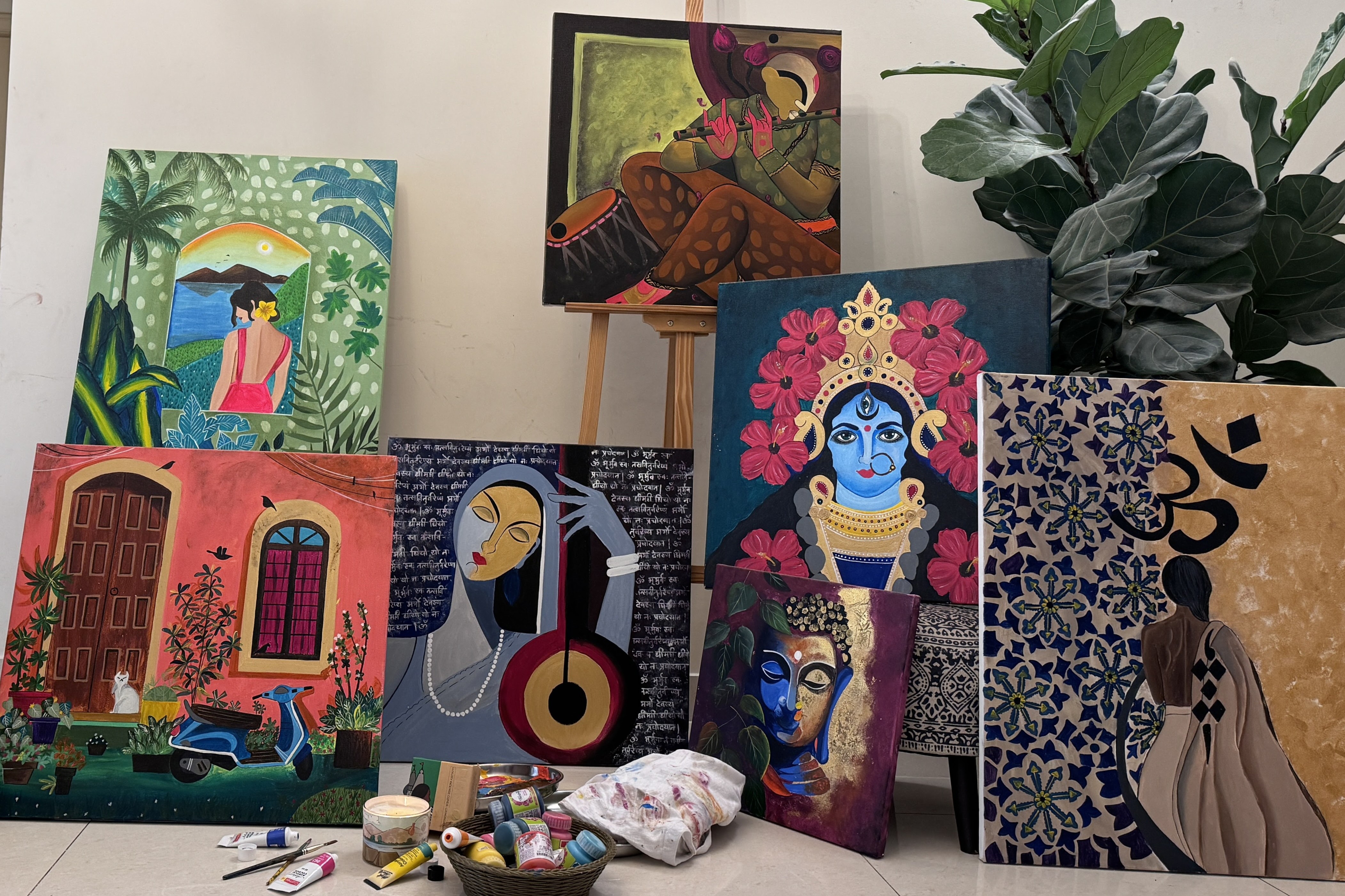 Paintings gathered in the Pink Chutney studio