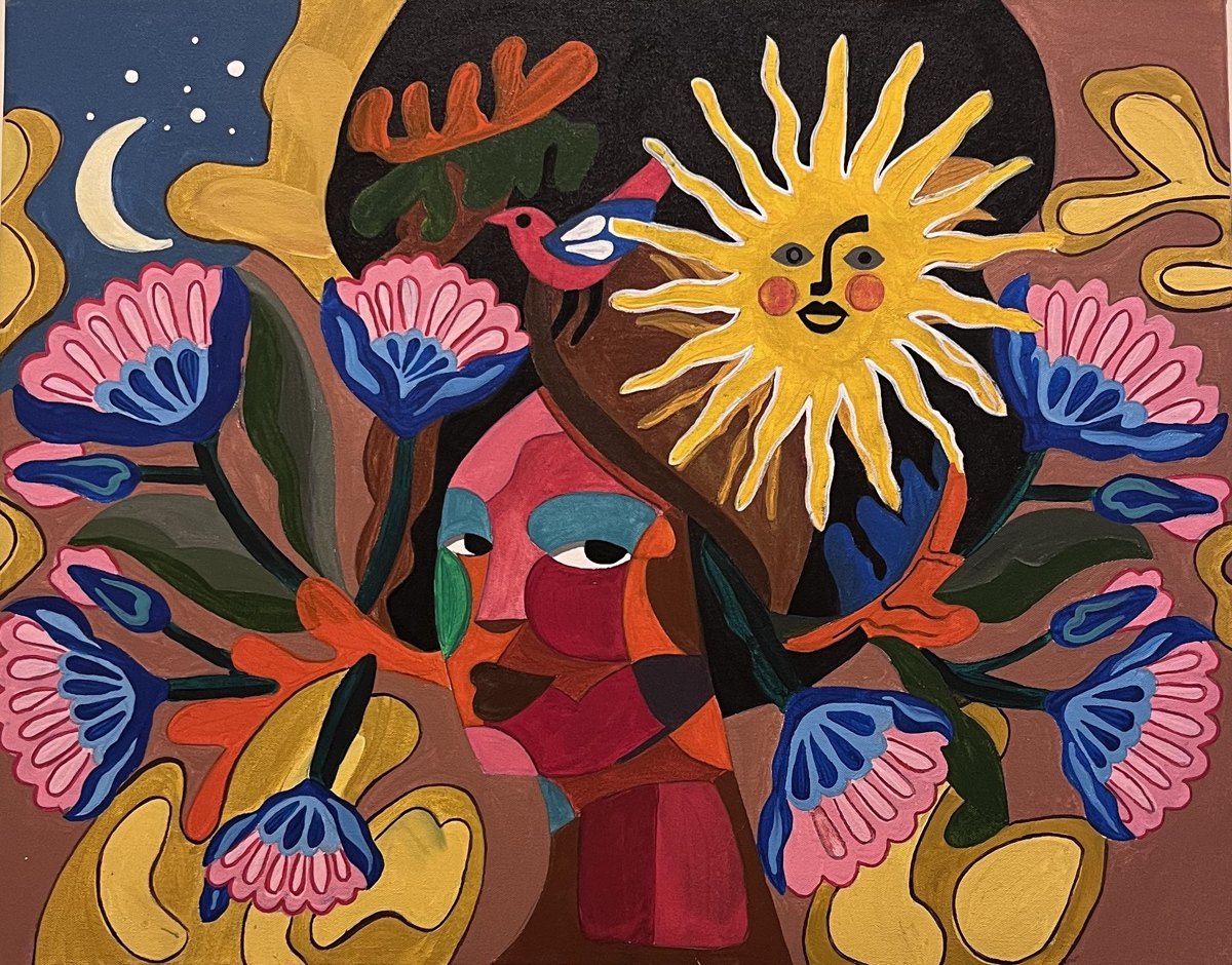 An original painting by Rucha — sun, birds and blooms in bold colour